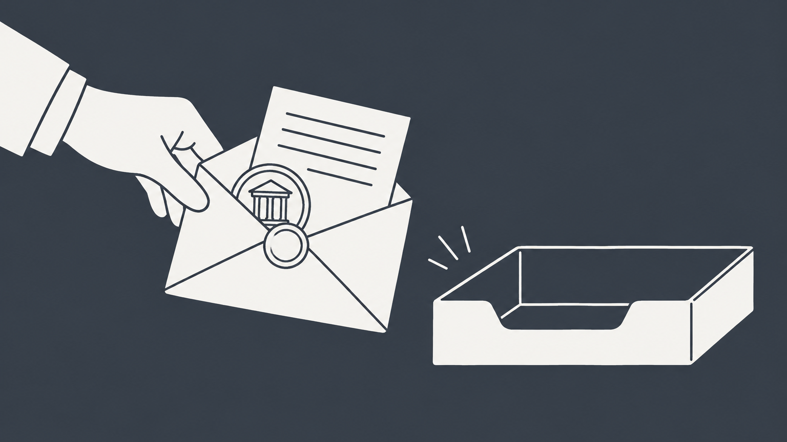 Flat illustration of an envelope with a coin and contract page beside a receiving tray, representing tender meaning in law and contracts.