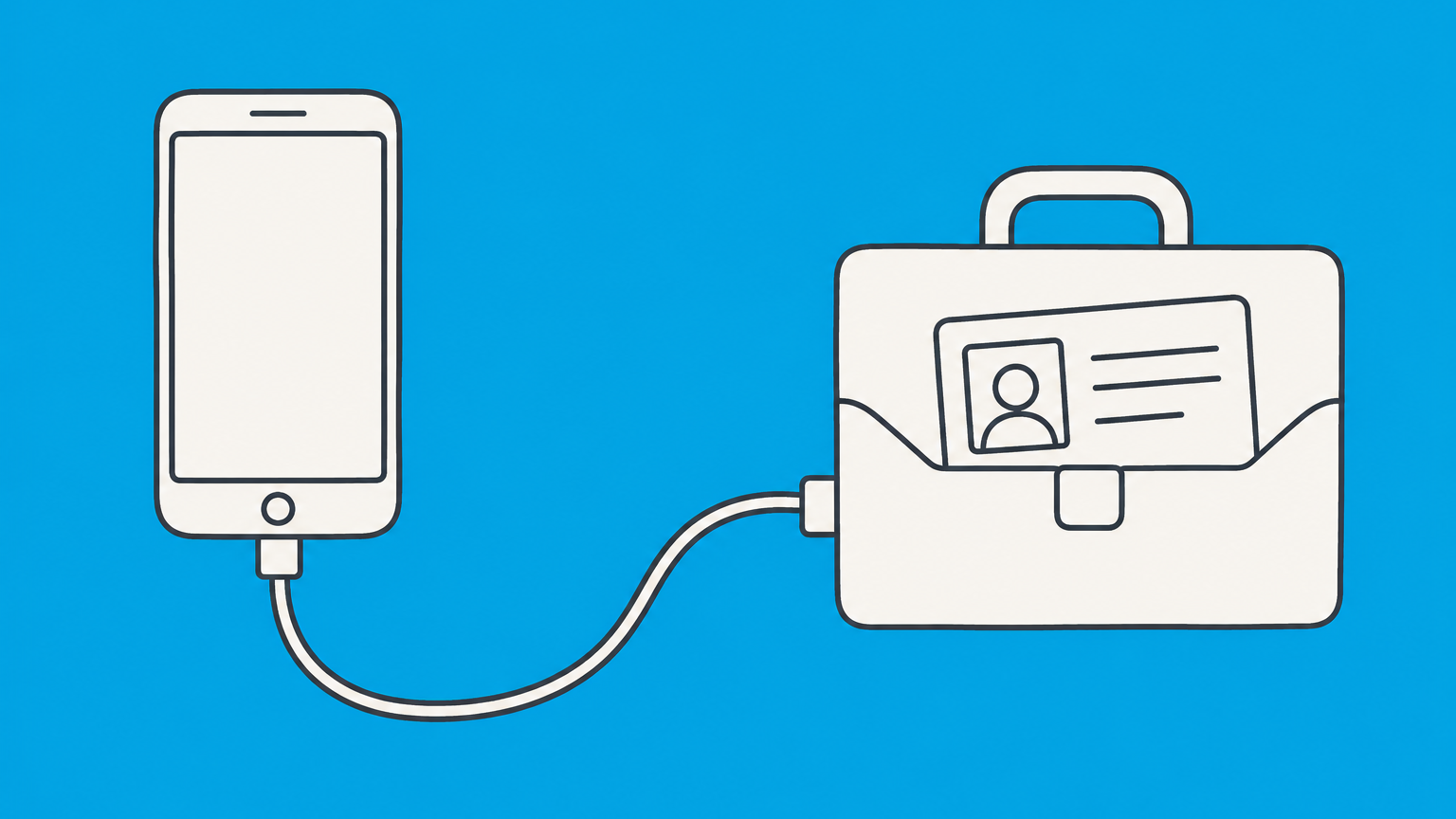 Flat illustration of a smartphone connected to a business account folder and identification card, representing getting a cell phone with an EIN.