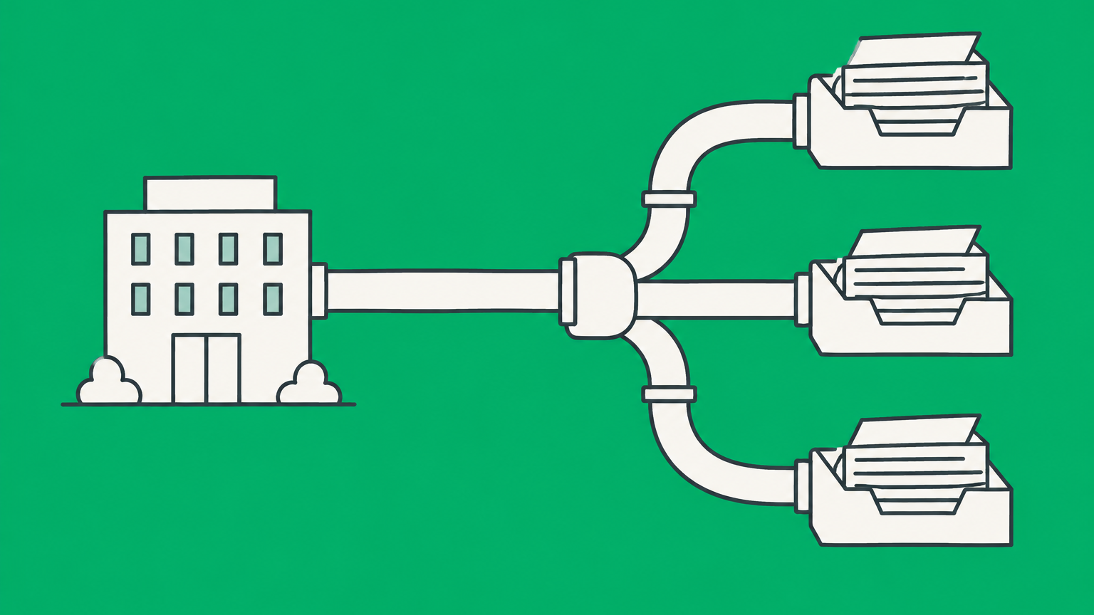 Flat illustration of a branching pipe dividing business records into shareholder document trays to represent an S corp K-1.