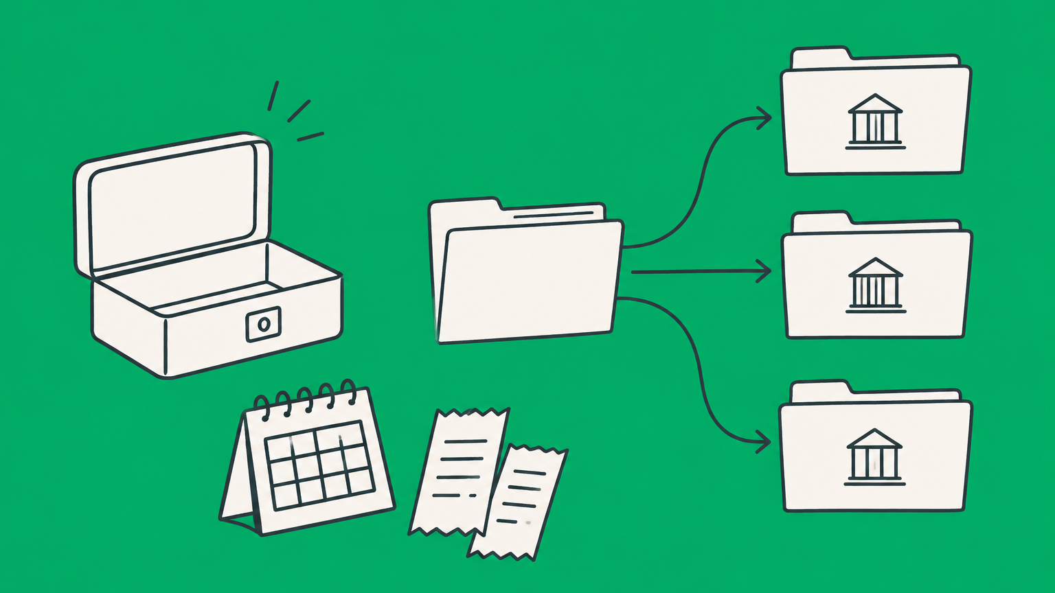 Flat illustration of an empty cash box, branching tax folders, a calendar, and expense receipts representing how to file taxes for an LLC with no income.