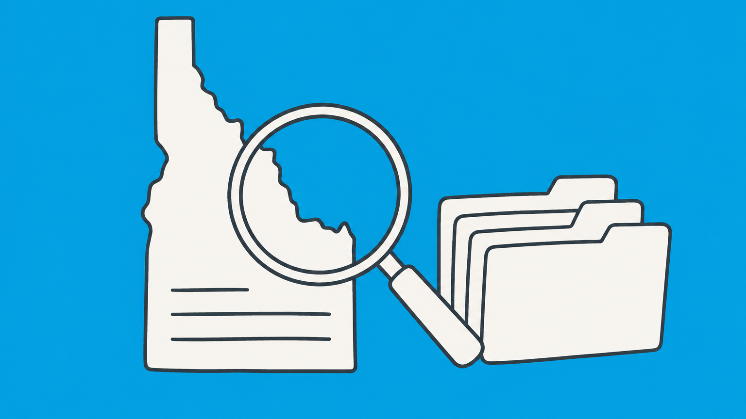Flat illustration of a magnifying glass inspecting an Idaho-shaped filing card for an Idaho business entity search.