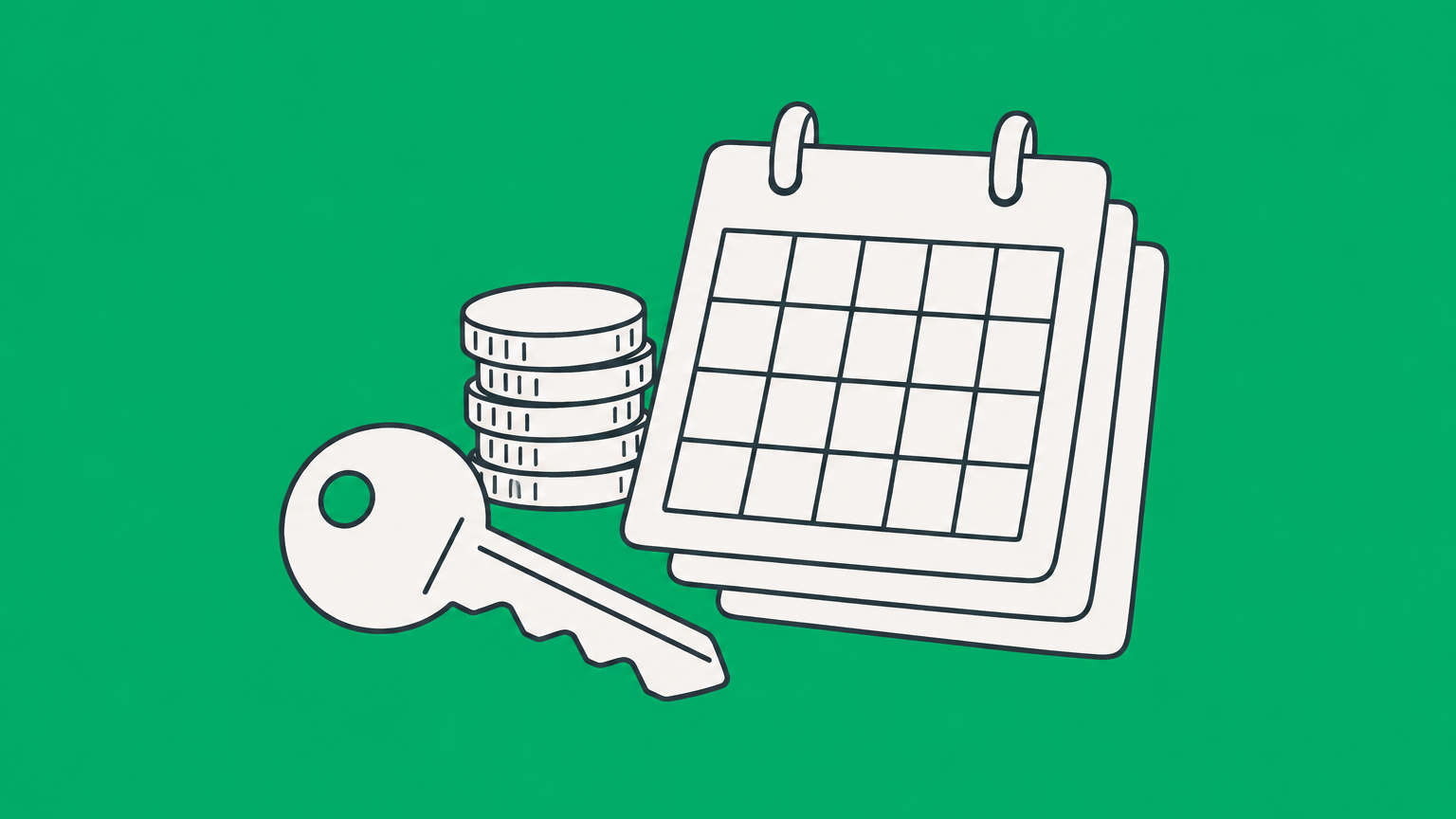 Flat illustration of a storefront key, coins, and layered calendar pages representing a franchise fee and its amortization.