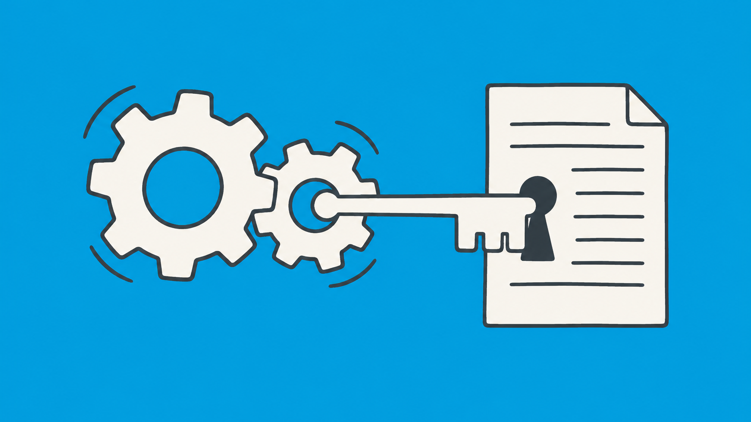 Flat illustration of two interlocking gears turning one key beside a tax document to represent an EIN for a partnership.