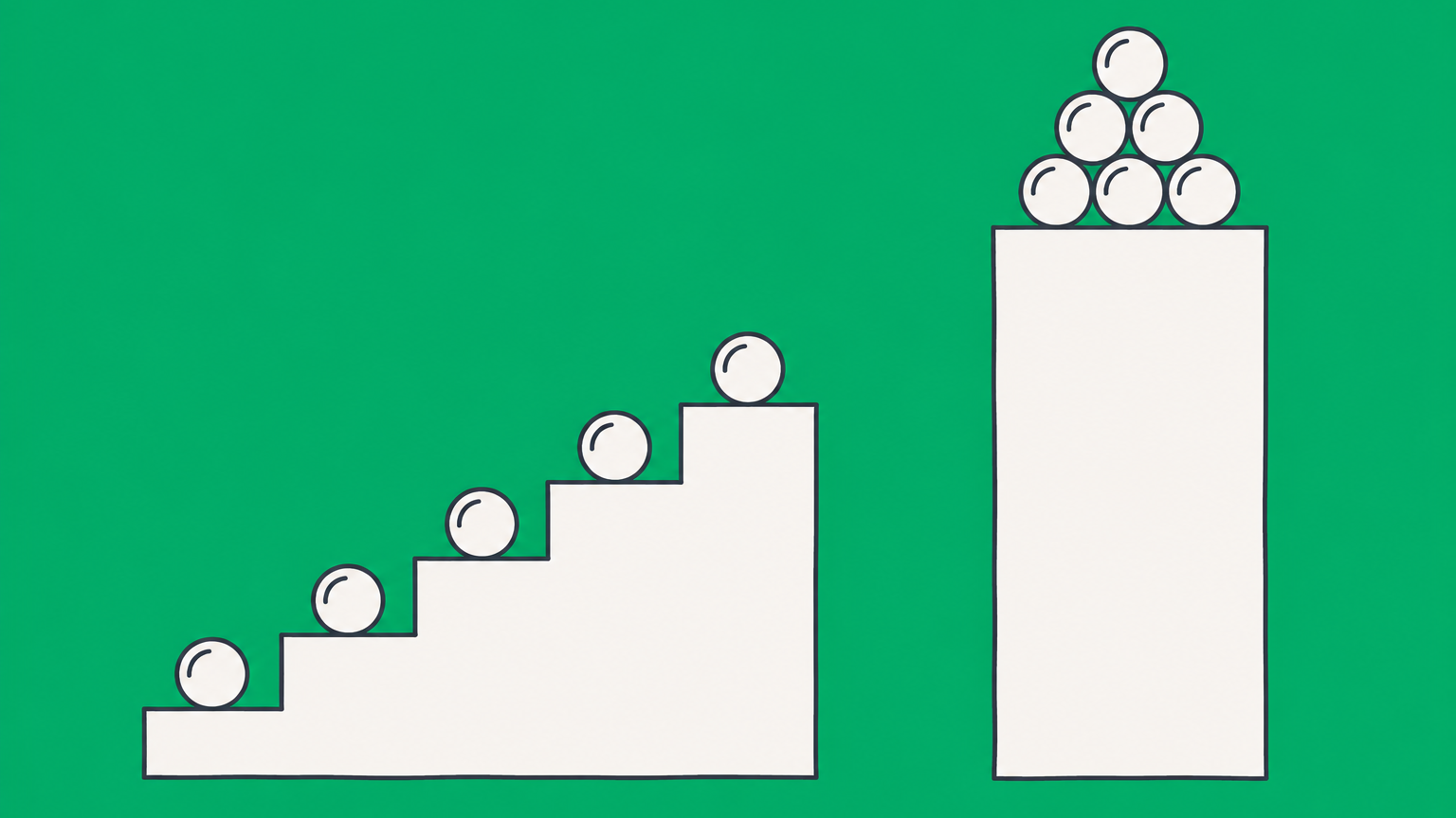 Flat illustration of tokens accumulating on steps beside a cliff-like platform to represent graded and cliff vesting schedules.
