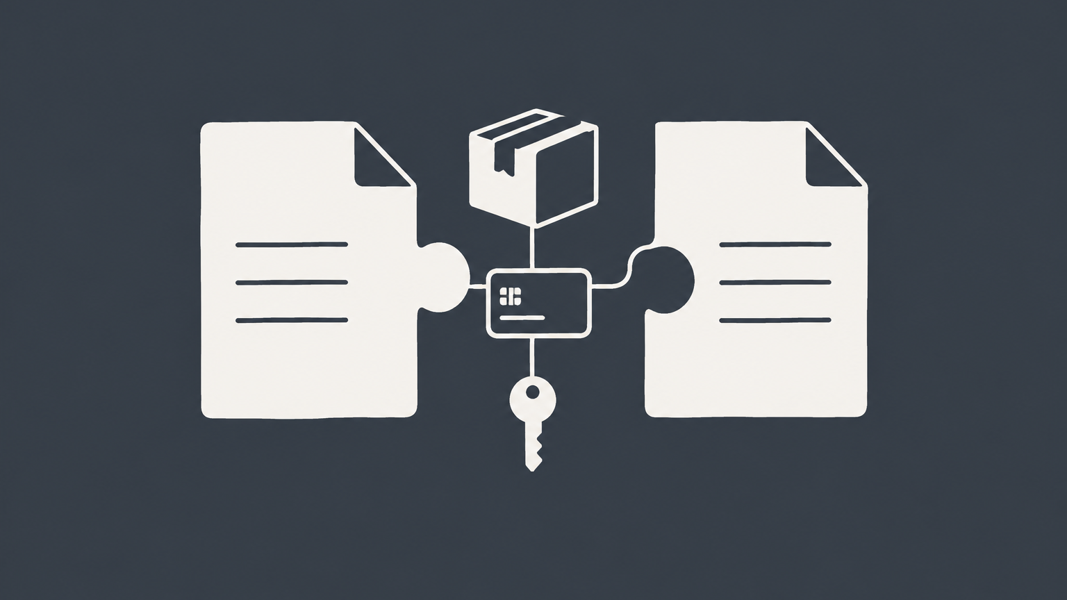 Flat illustration of two interlocking document pieces connected by business transaction symbols to represent a commercial agreement.
