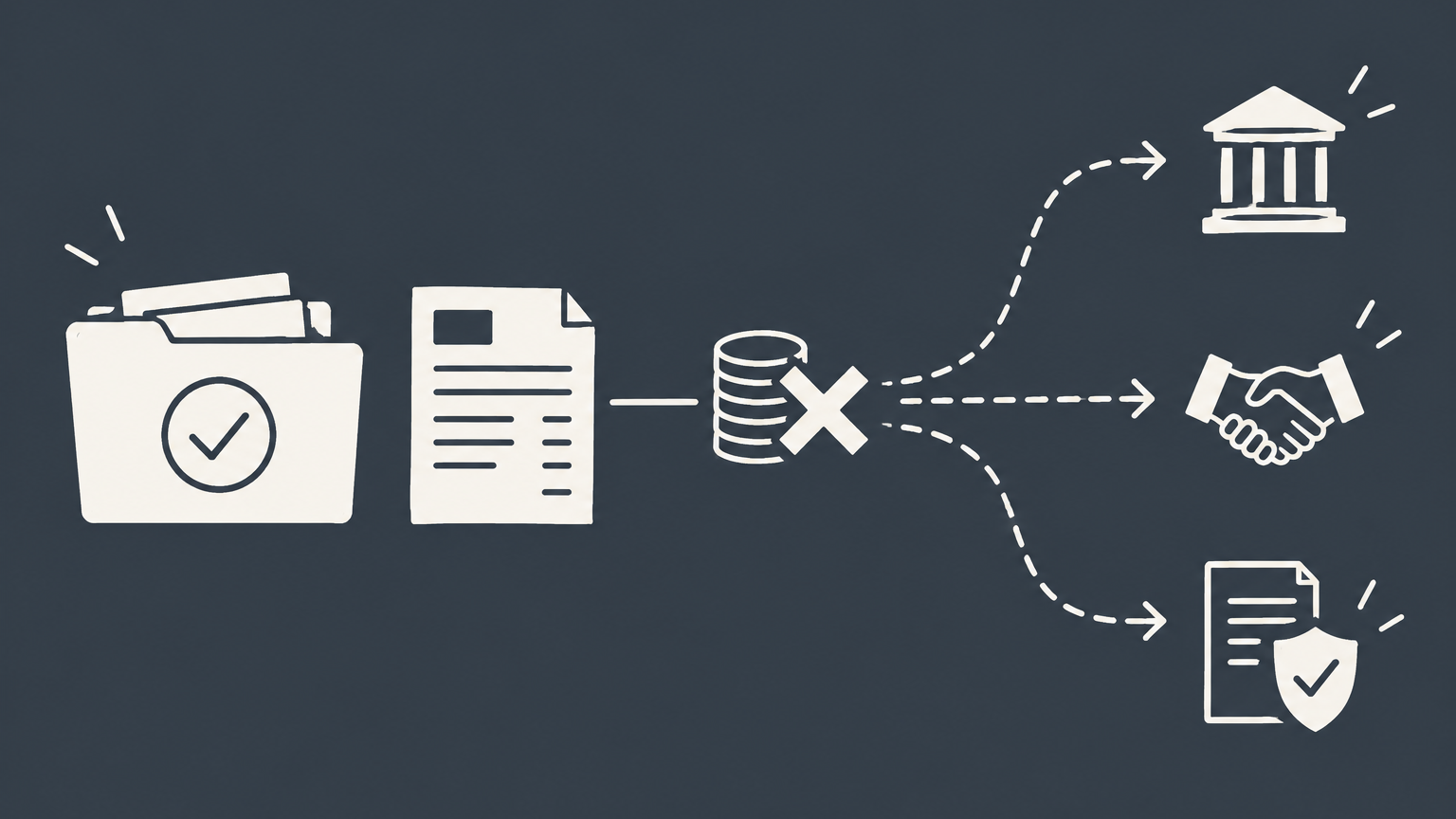 Flat illustration of a completed project folder, unpaid invoice, and branching recovery paths representing options for an independent contractor unpaid invoice.