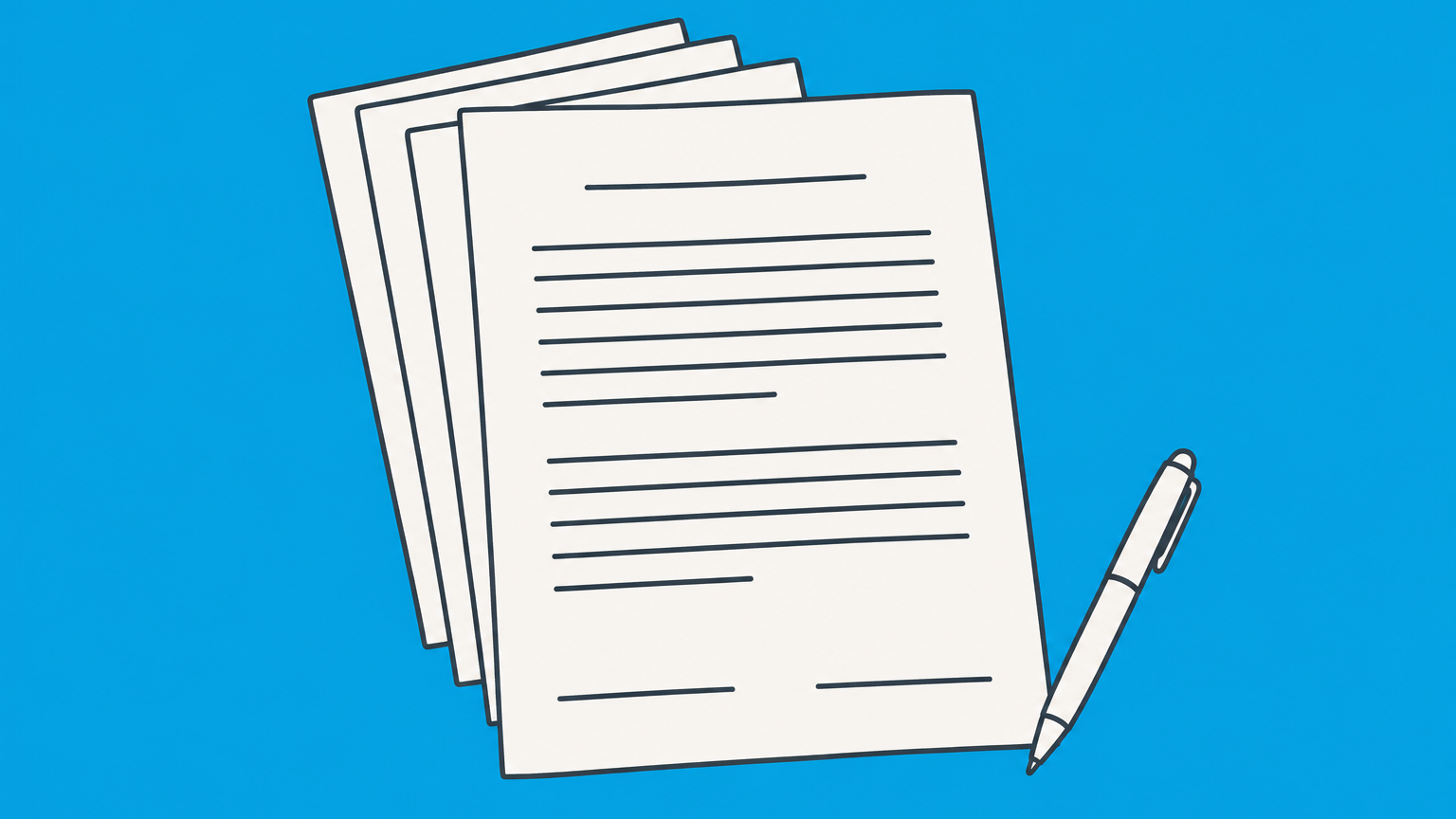Flat illustration of a contract stack, final signature sheet, and pen representing a contract signature page.