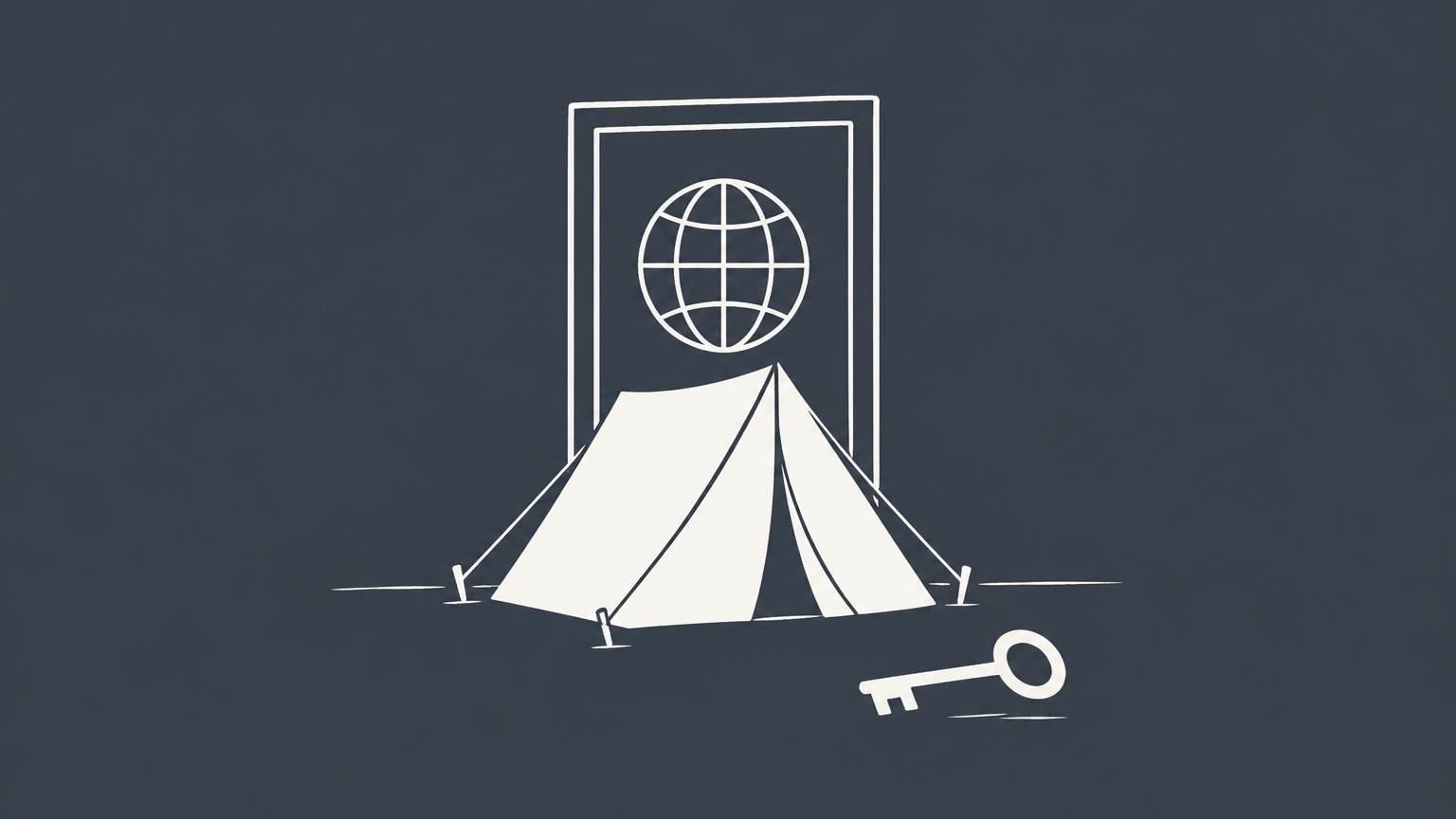 Flat illustration of a small tent blocking a globe-marked digital doorway, representing domain squatting.