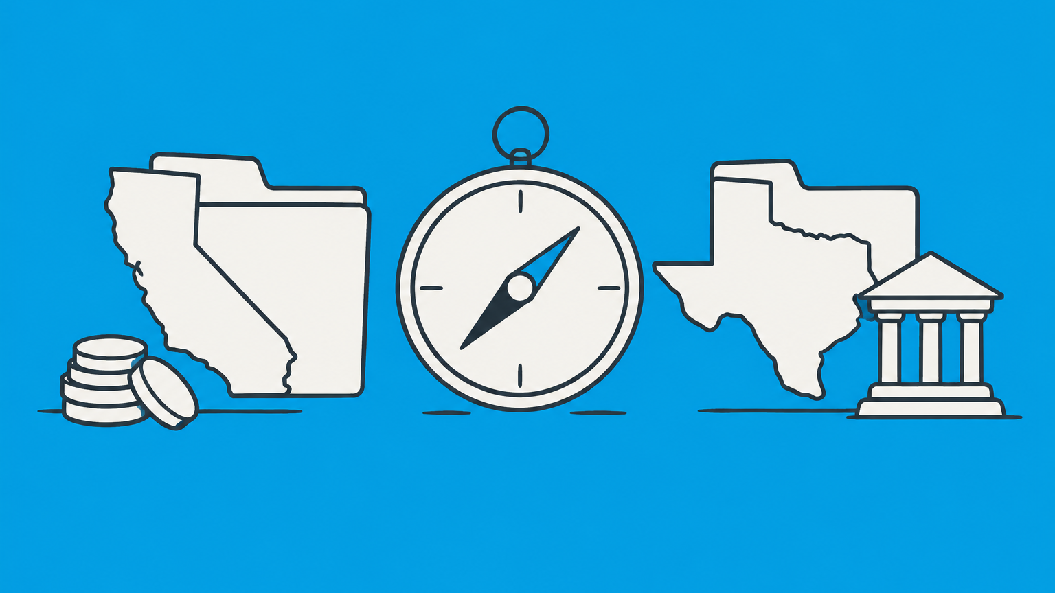 Flat illustration of a compass choosing between two state-shaped filing folders for the Wyoming vs Delaware LLC decision.