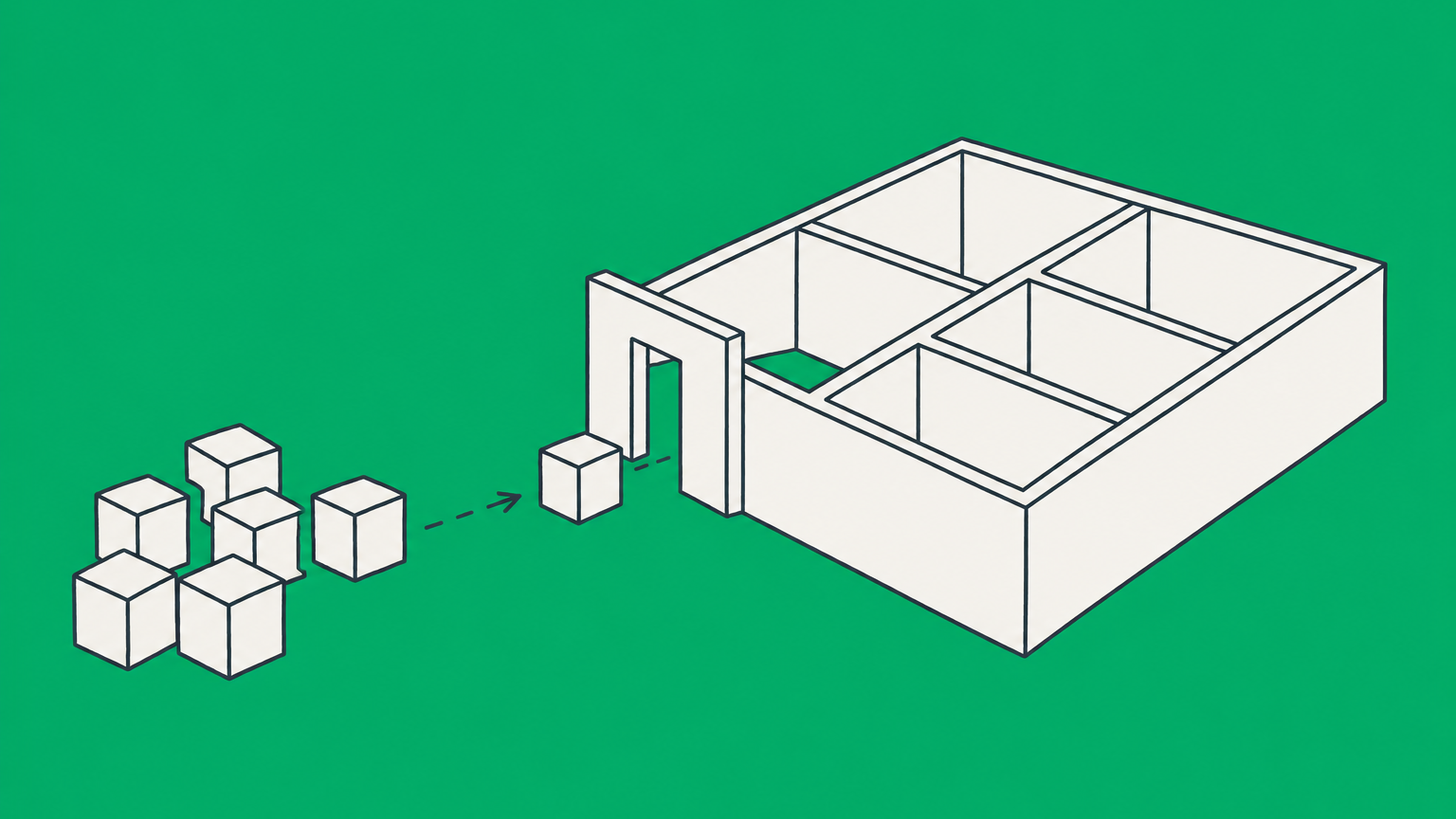 Flat illustration of a single cube passing through a narrow ownership gate, representing when an LLC can own an S corporation.