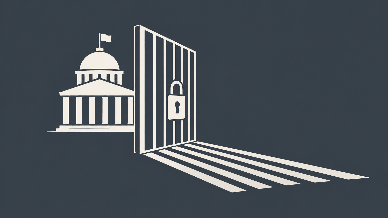 Flat illustration of a government badge casting a shadow through a barrier to represent the meaning of acting under color of law.