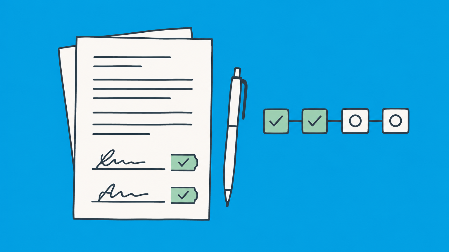 Flat illustration of signed contract pages beside unfinished task boxes representing the two meanings of fully executed.