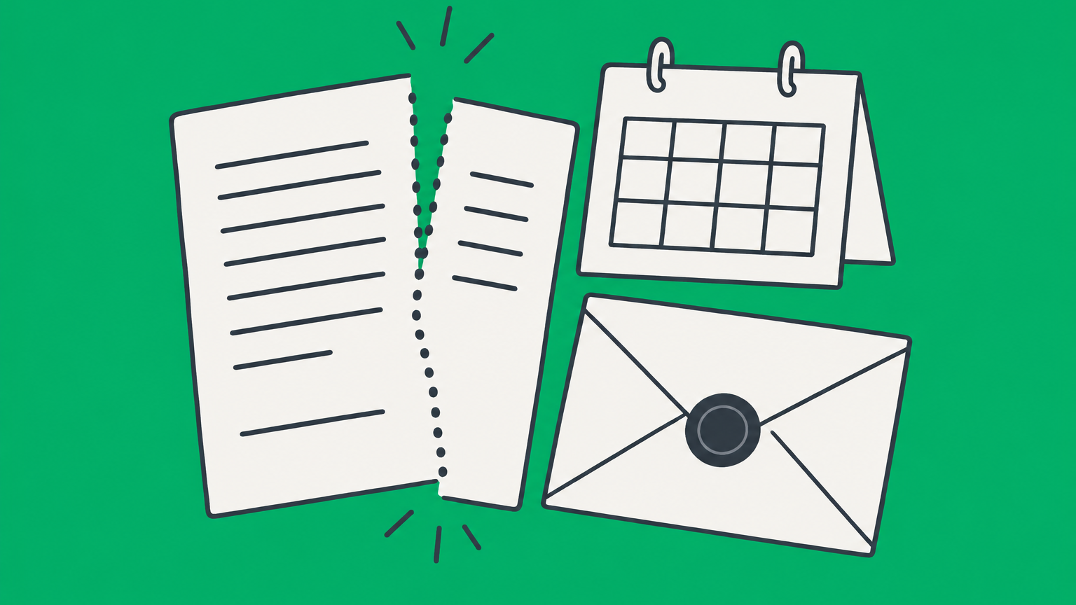 Flat illustration of a contract page separating along a perforated line beside a calendar and envelope to represent a contract termination letter.