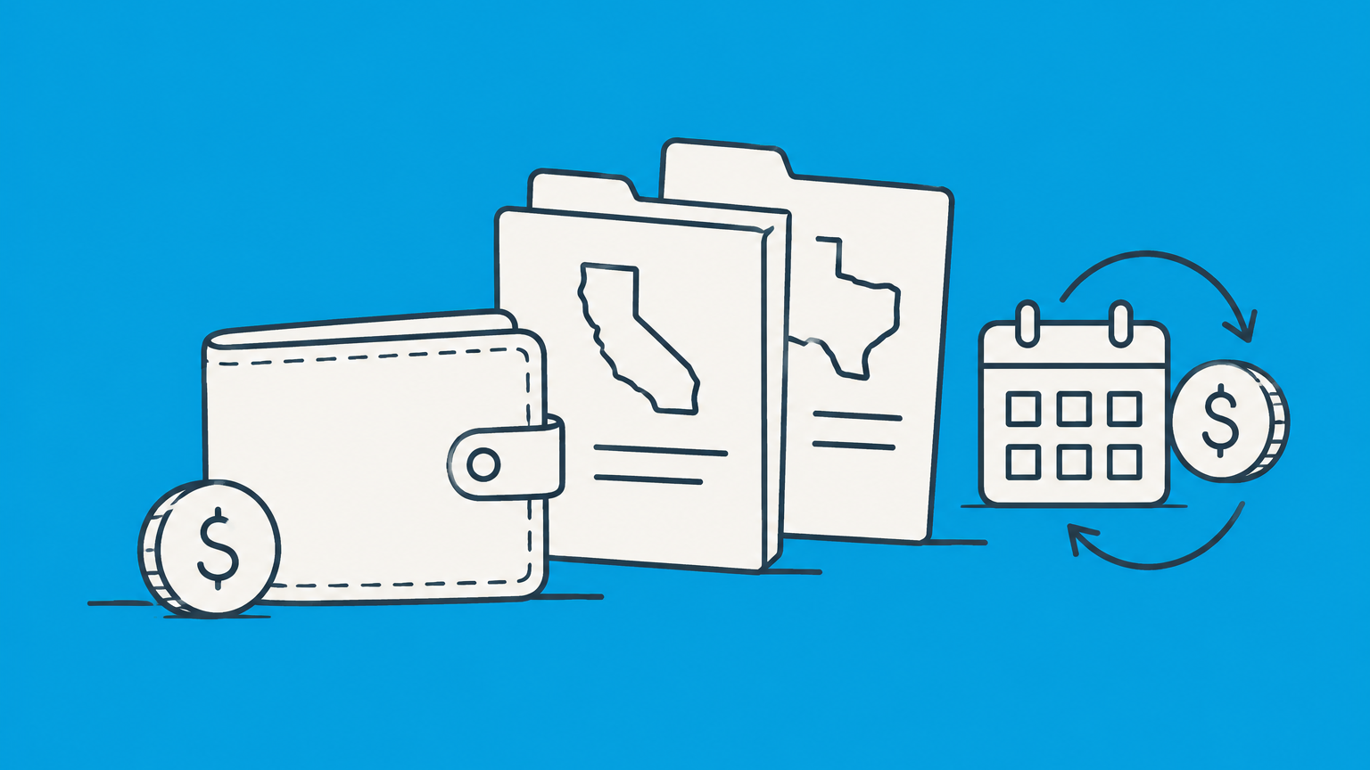 Flat illustration of a wallet, filing folders, coins, and a calendar loop representing New Jersey LLC formation and annual costs.