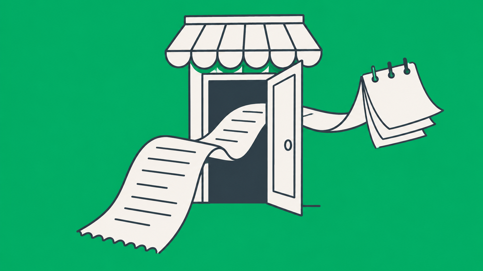 Flat illustration of a receipt crossing a shop doorway beside a detachable calendar tab, representing a consumer cooling-off period.