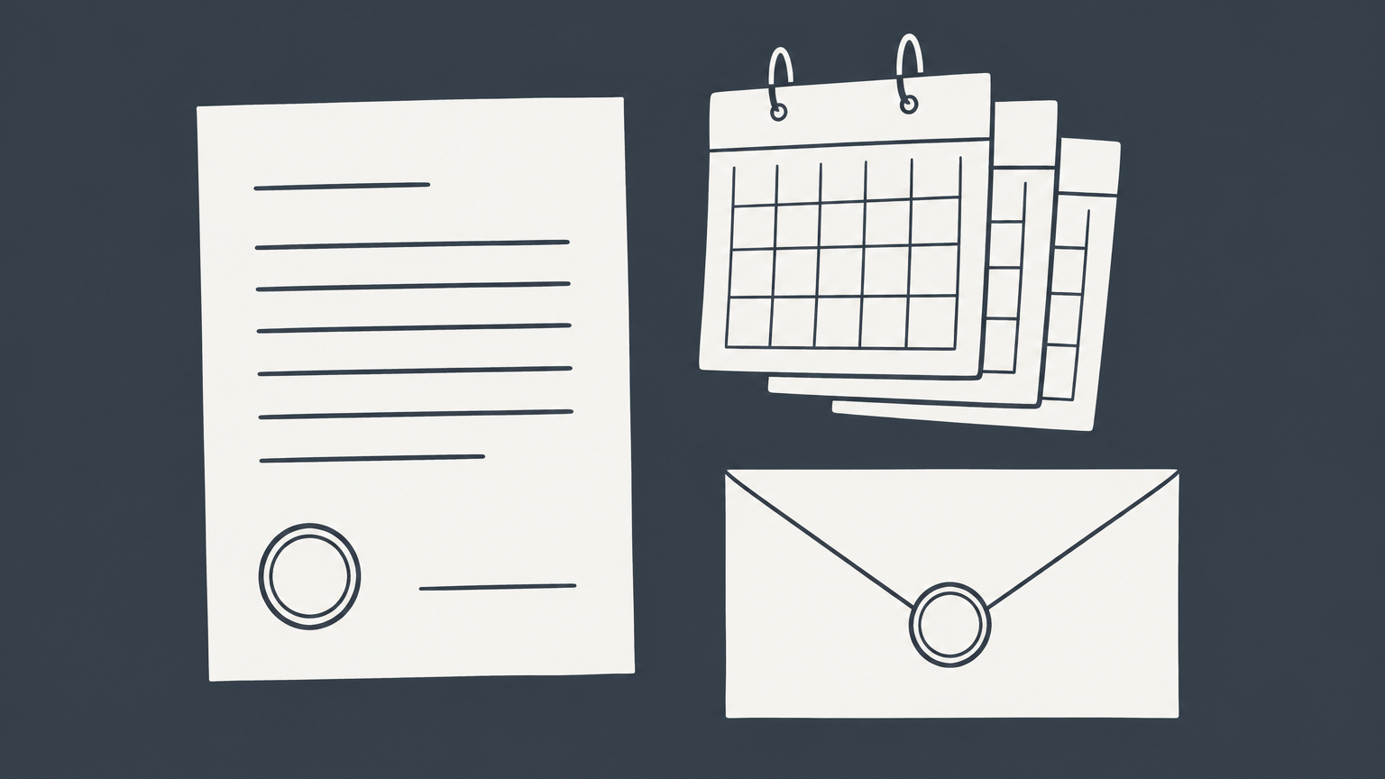 Flat illustration of a contract, three monthly calendar sheets, and a sealed envelope representing 90 days notice.