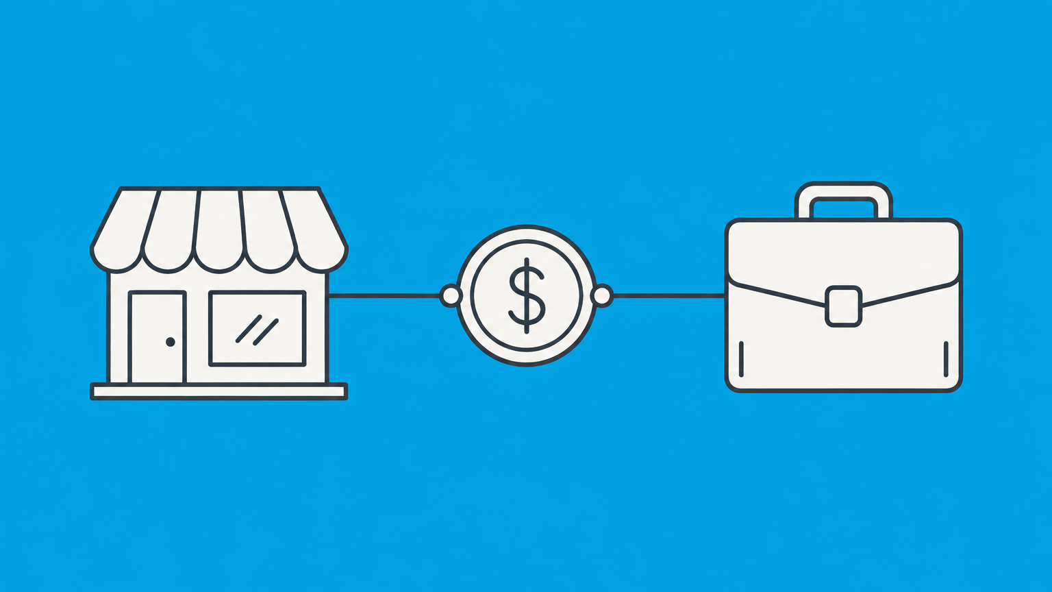 Flat illustration of a connector linking a business seller and buyer with a coin at the center to represent a brokerage agreement.