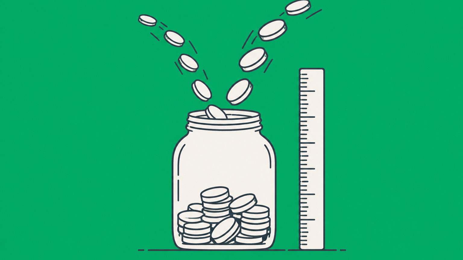 Flat illustration of two matching streams of coins entering a retirement jar beside a ruler, representing the average 401k match.