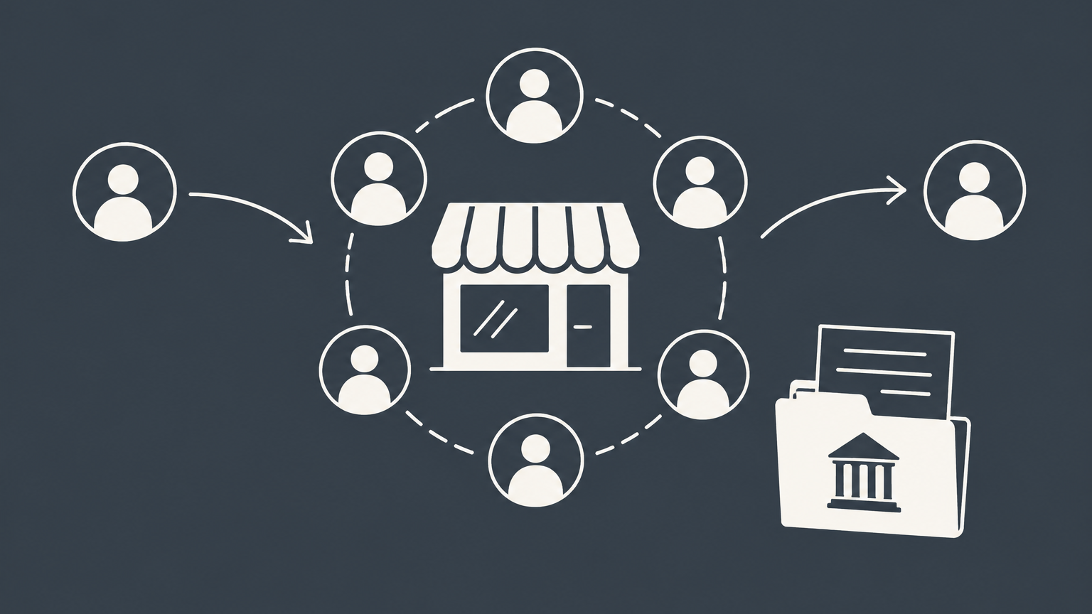 Flat illustration of ownership tokens entering and leaving a storefront beside a state document folder, representing an NJ LLC change of ownership.