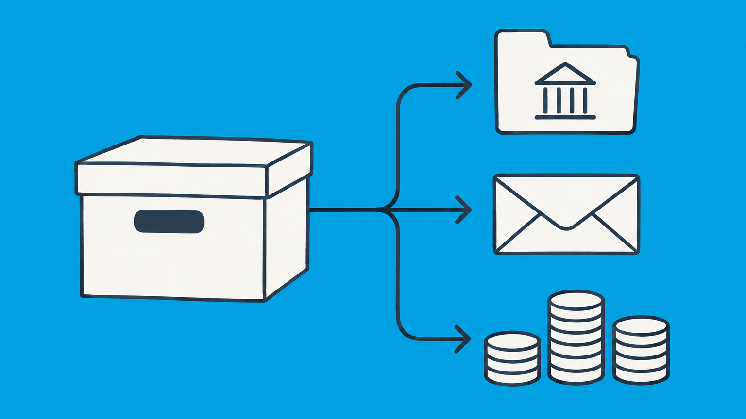 Flat illustration of a closed file box distributing assets among tax, creditor, and shareholder containers to represent the tax consequences of dissolving an S corporation.