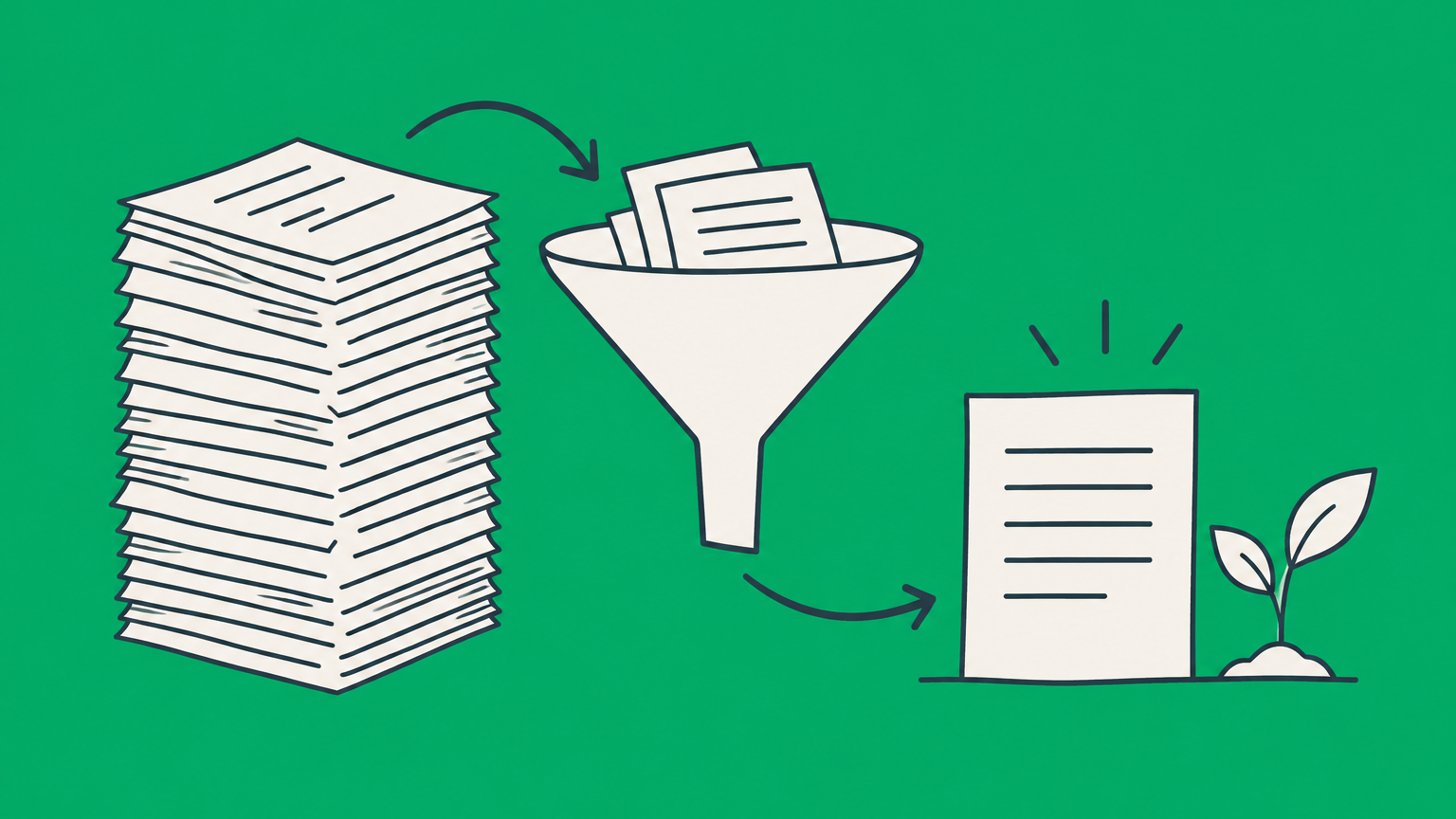 Flat illustration of business-plan pages condensed into one crisp document beside a sprout, representing a startup business plan executive summary.