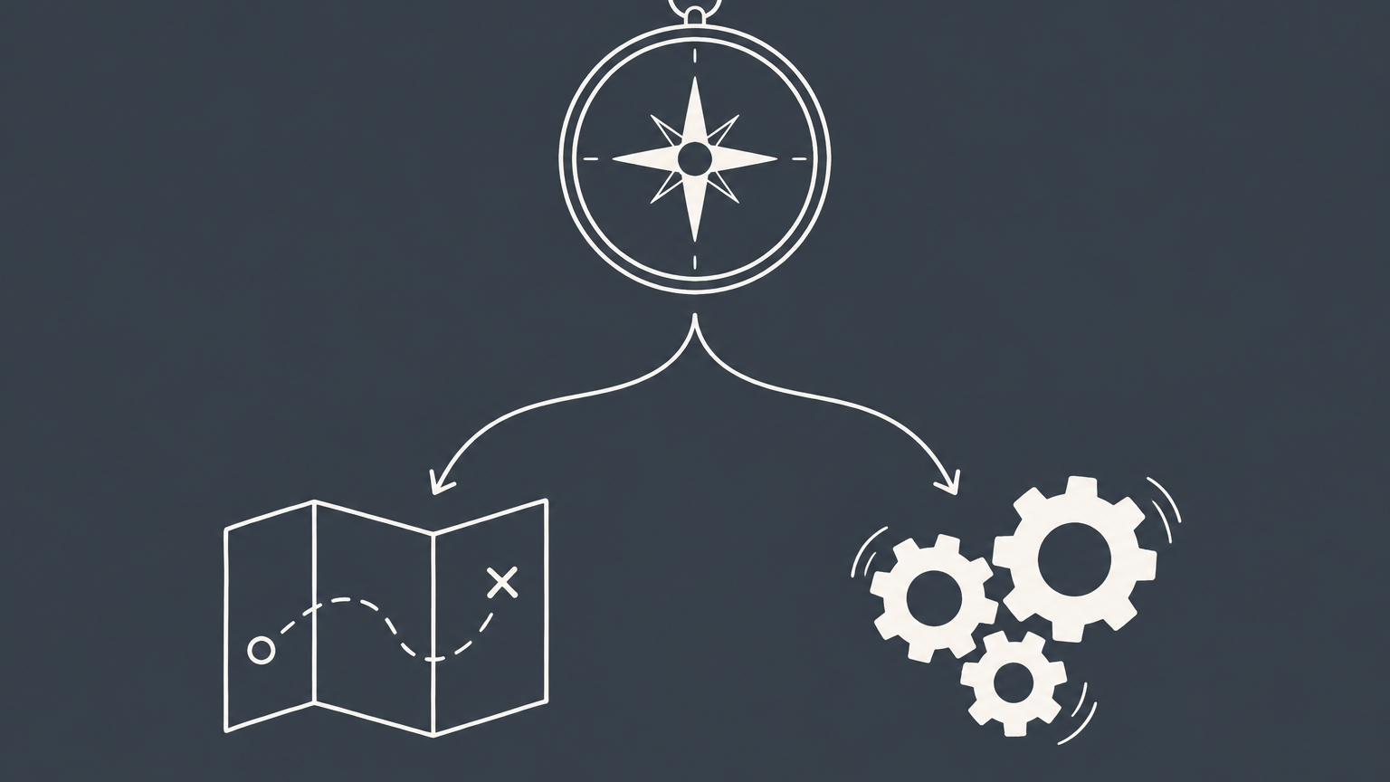 Flat illustration of a compass guiding a planning map and operating gears to represent the director vs officer distinction.