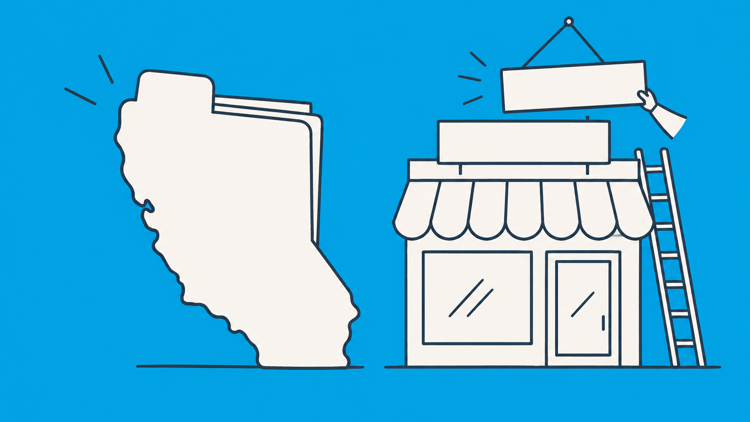 Flat illustration of a California-shaped filing folder and a storefront sign being replaced to represent a California LLC name change.