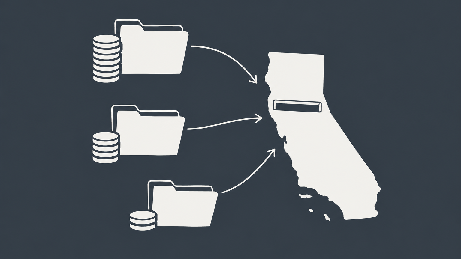 Flat illustration of blank filing folders and coin stacks entering a California-shaped slot to represent California business registration costs.