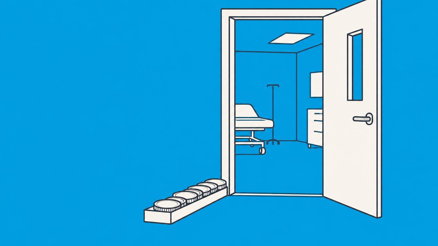 Flat illustration of coins reaching a threshold beside an open medical doorway to represent no charge after deductible in health insurance.