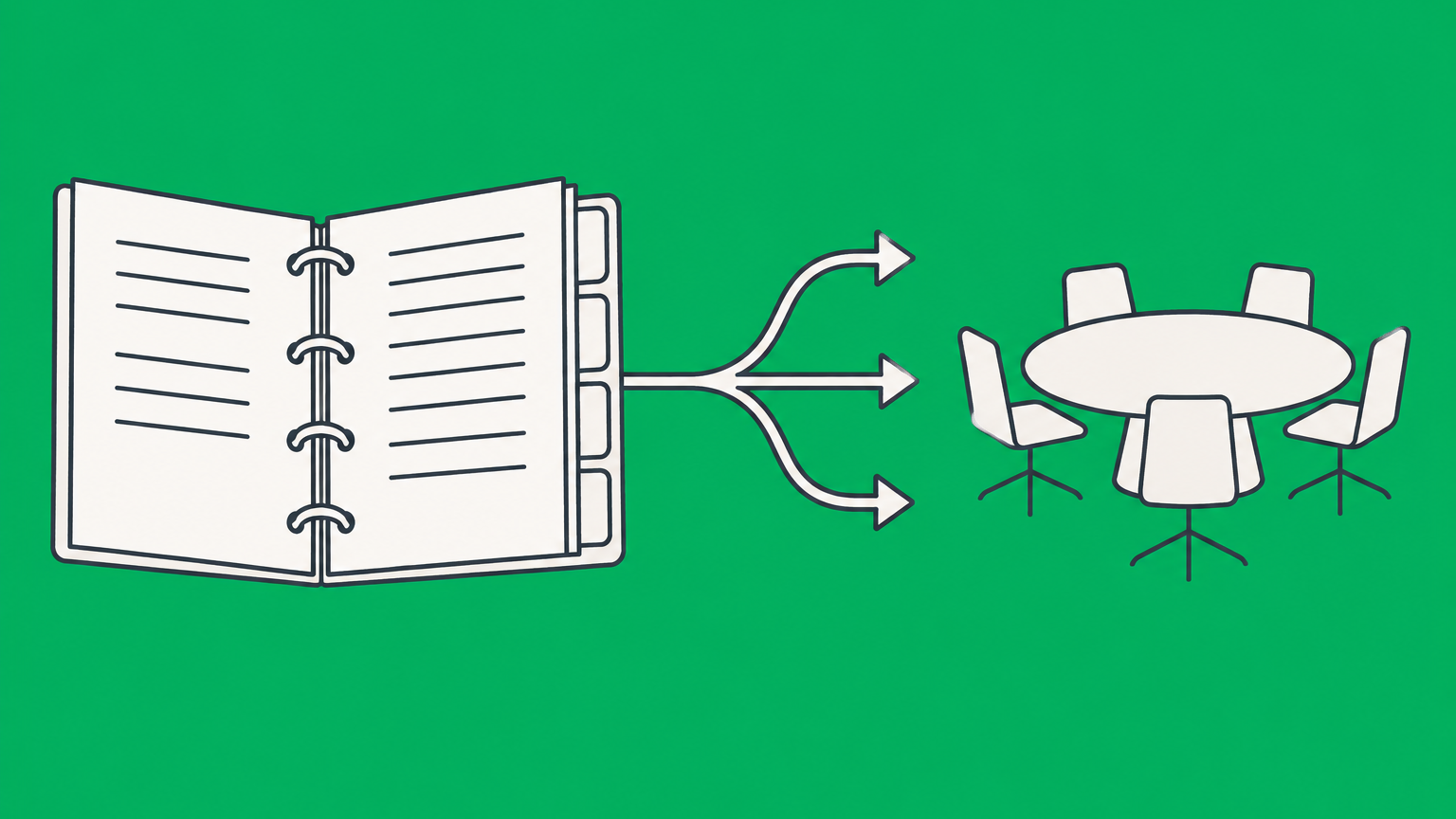 Flat illustration of an organized ring binder beside a boardroom table and decision arrows representing corporate bylaws.