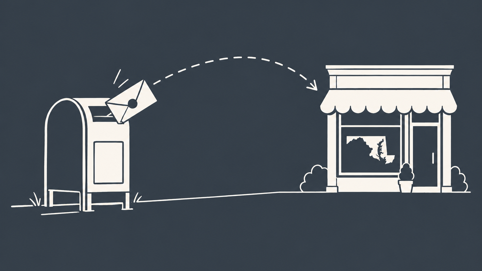 Flat illustration of an official envelope being received and forwarded by a mailbox, representing a Maryland registered agent.