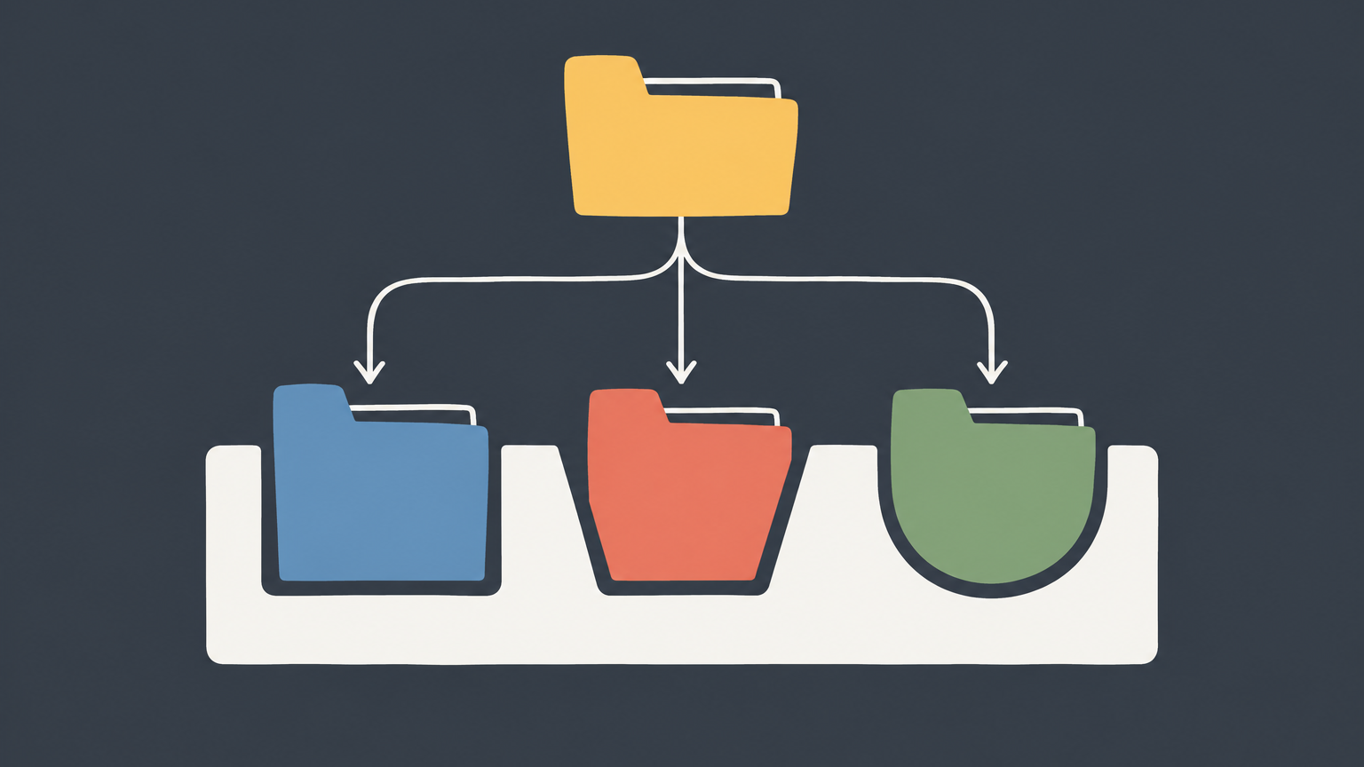 Flat illustration of a branching file organizer with color-coded folders representing different types of nonprofits.
