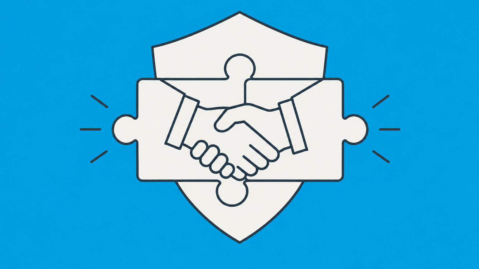 Flat illustration of two detachable handshake puzzle pieces and a protective shield representing at-will state employment and its legal limits.
