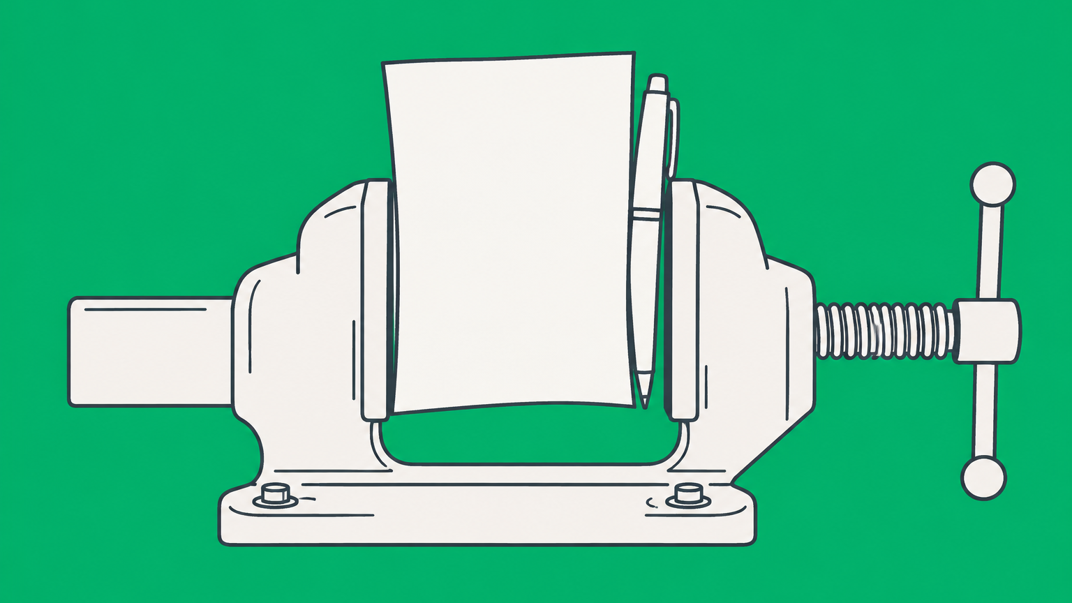Flat illustration of a contract and pen trapped in a tightening vise to represent coercion in contract law.