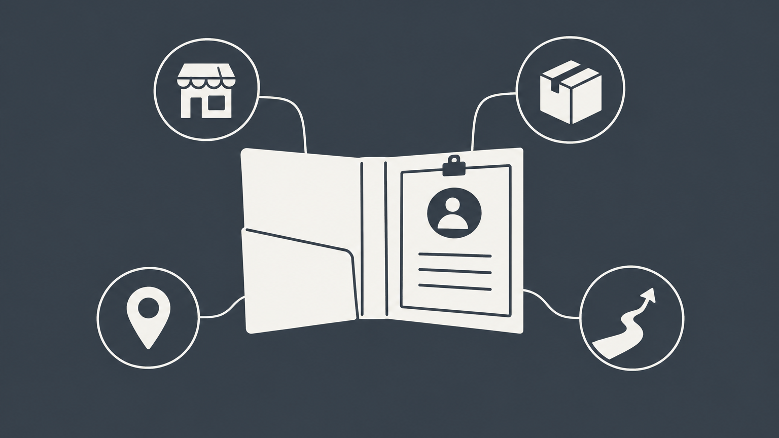 Flat illustration of a planning folder and connected business details representing a business description.