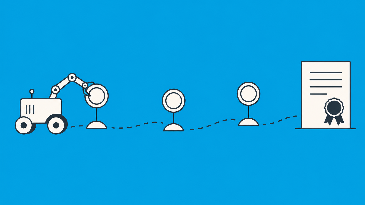 Flat illustration of a mechanical device passing through cost checkpoints toward a certificate, representing utility patent costs.