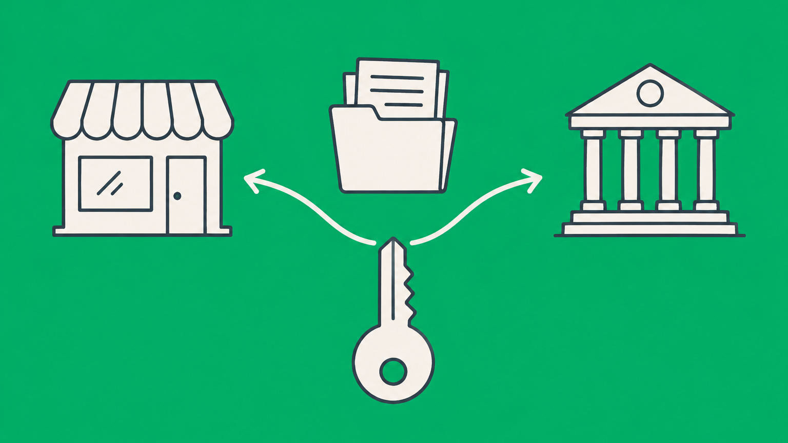 Flat illustration of a branching key connecting a storefront, civic building, and contract folder to represent the business and government meanings of franchise.
