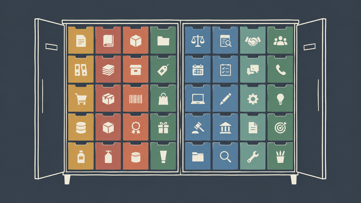 Flat illustration of a filing cabinet with 45 grouped compartments representing trademark classes for goods and services.