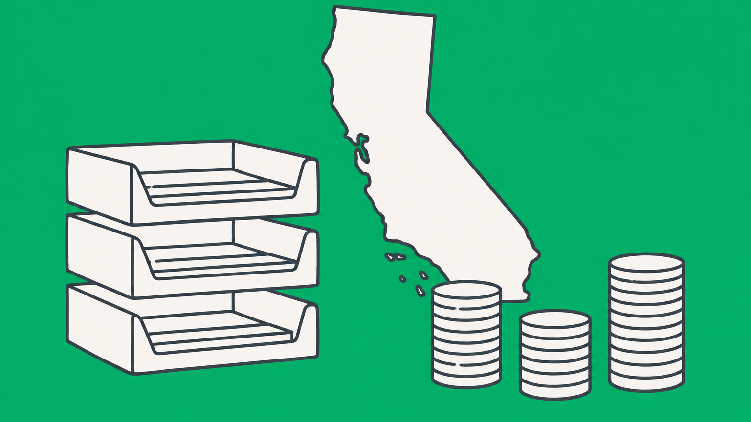 Flat illustration of filing trays and coin stacks beside a state map representing business registration fees.
