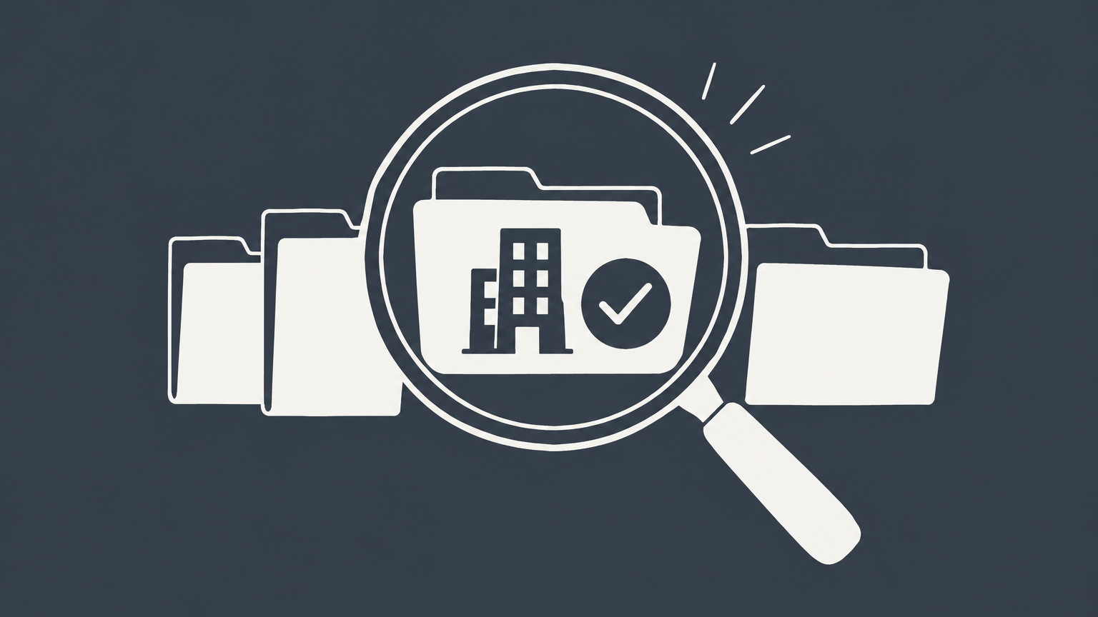 Flat illustration of a magnifying glass identifying a verified corporate record among business filing folders, representing how to tell if a company is a corporation.