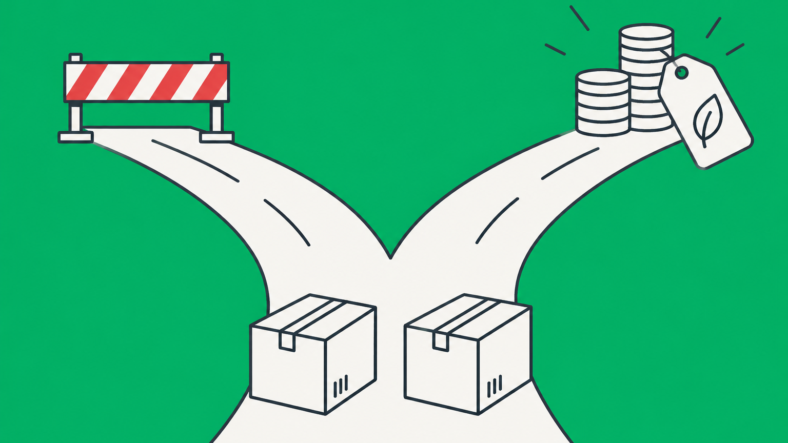 Flat illustration of similar product boxes separated by a barrier and financial remedies, representing penalties for trademark infringement.