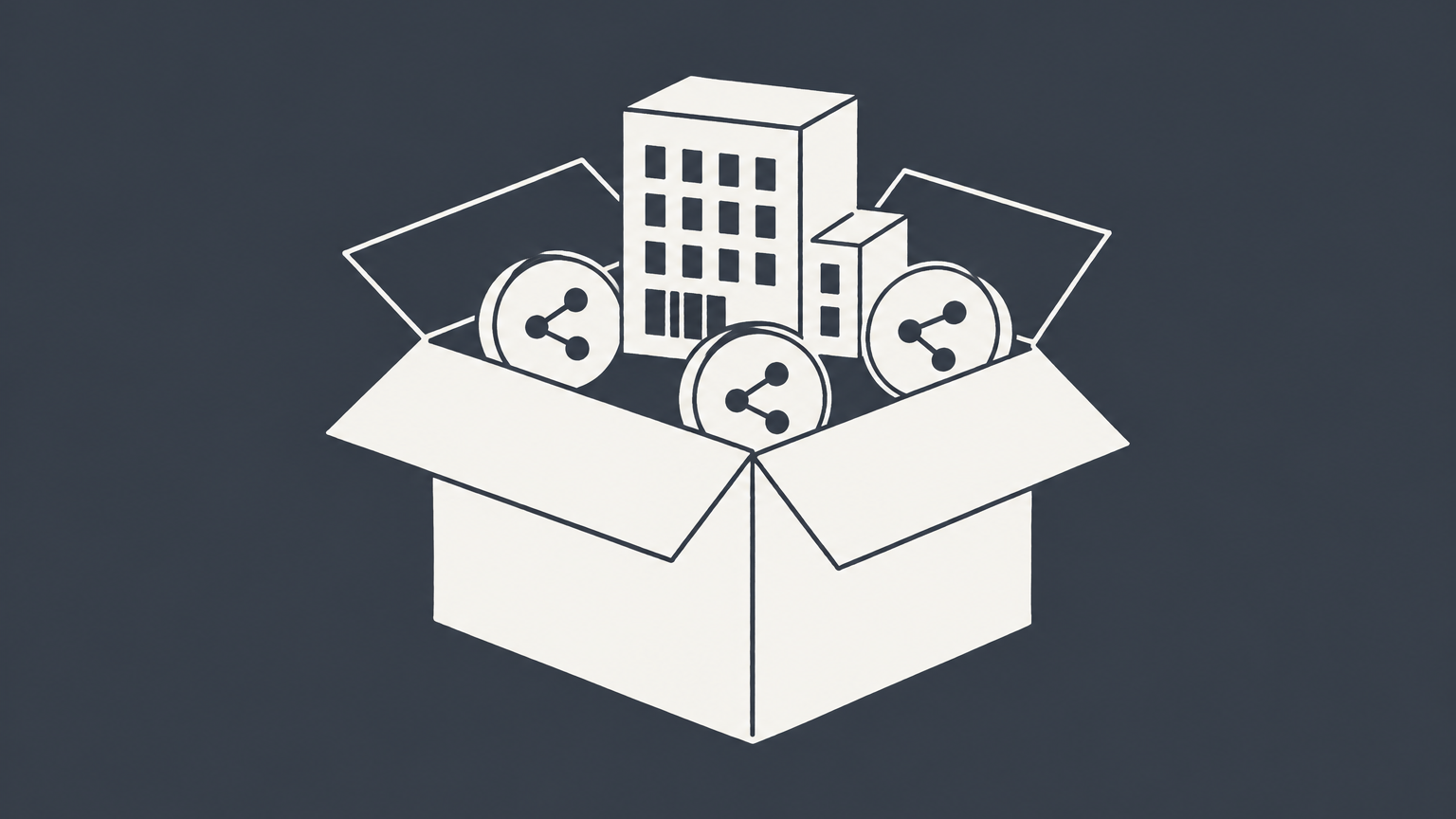 Flat illustration of a nesting box holding a separate office-building block and share tokens to represent an LLC owning a corporation.