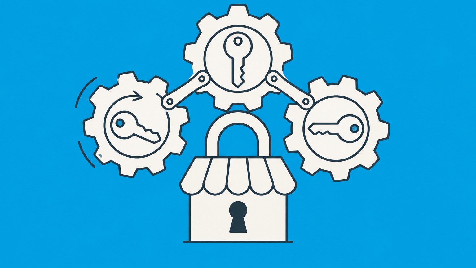 Flat illustration of three connected keys operating one storefront lock to represent mutual agency in a partnership.