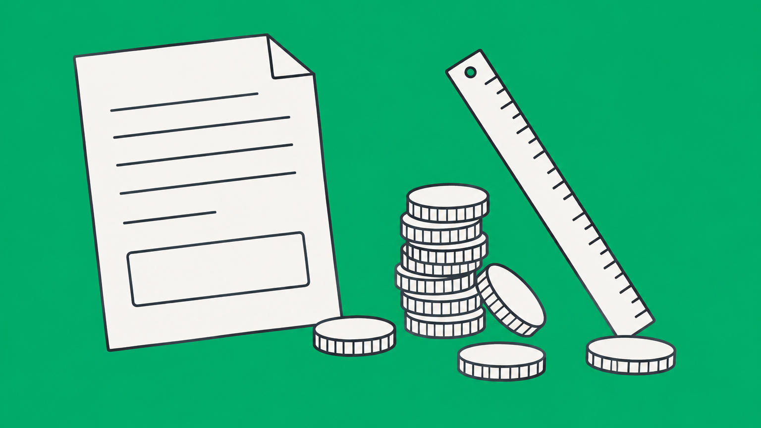 Flat illustration of a contract with an undetermined amount and coins being measured to represent unliquidated damages.