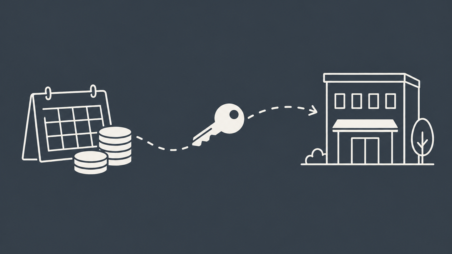 Flat illustration of a key traveling from a calendar and coin stack toward a commercial building to represent lease-to-own commercial property.