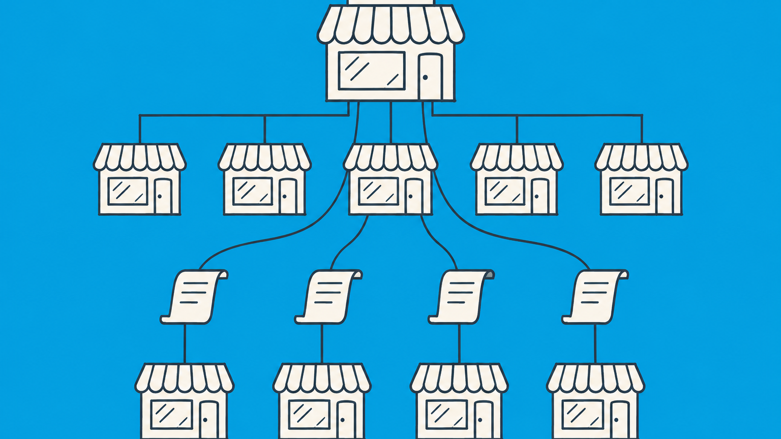 Flat illustration of a central storefront linked through direct and contract-based paths to show franchise vs corporate ownership.
