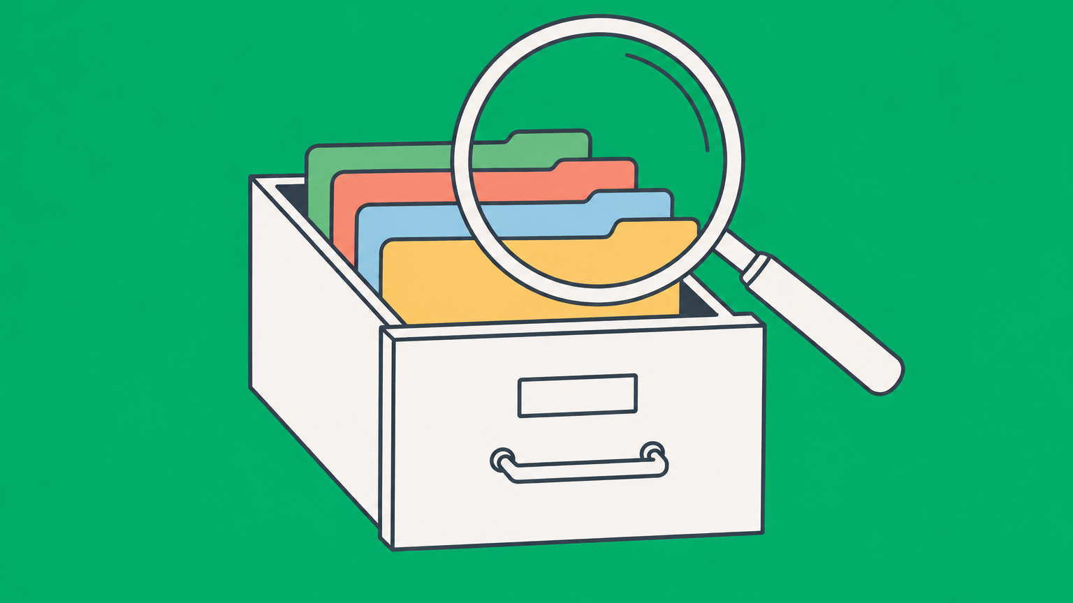 Flat illustration of a magnifying glass inspecting business-record folders for a Florida fictitious name search.
