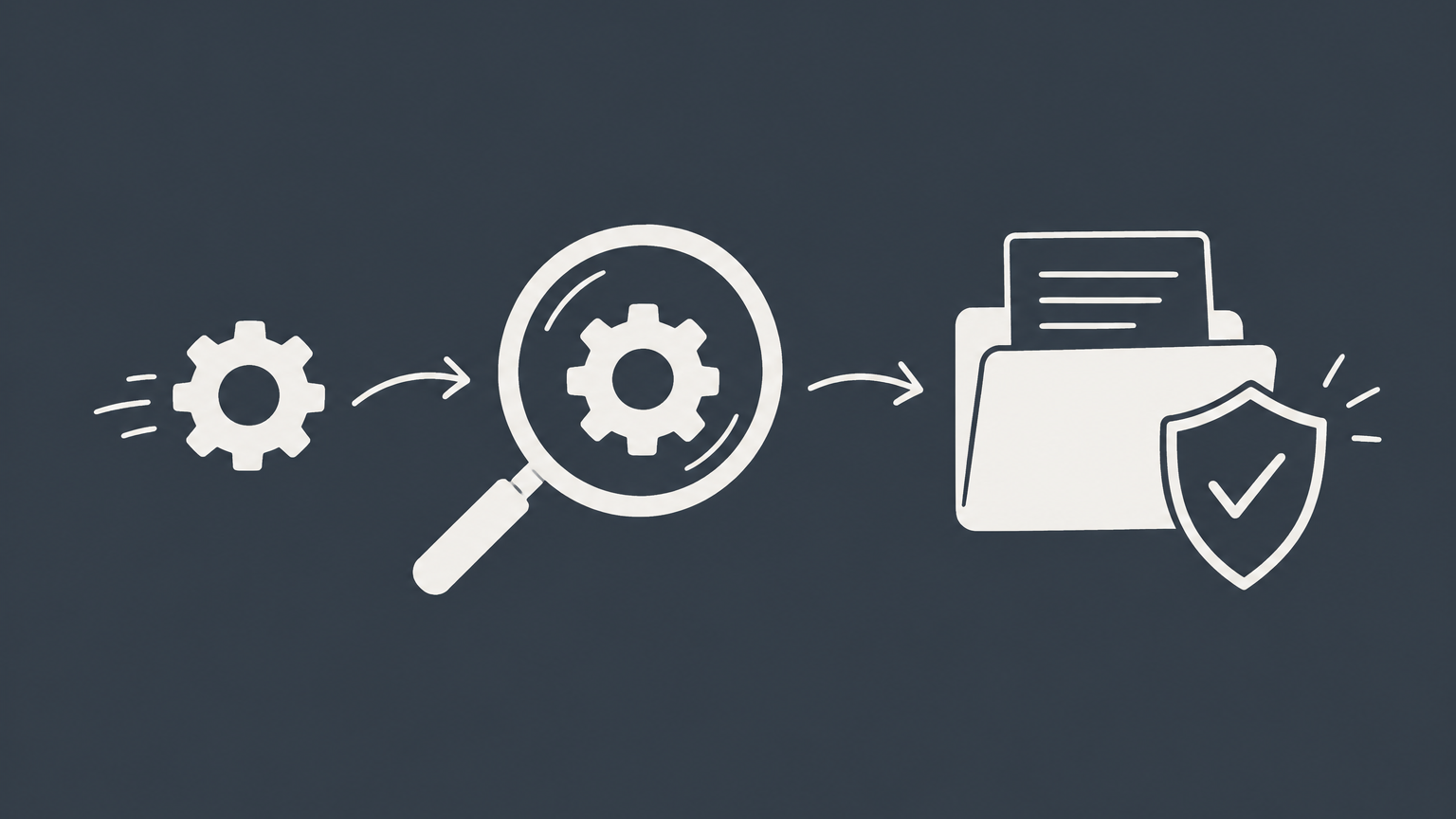 Flat illustration of an invention gear passing through a magnifying lens into a protected document folder to represent a patent attorney's work.