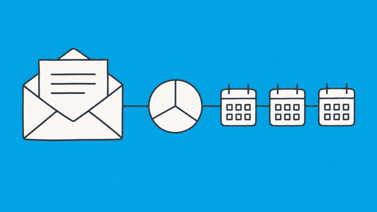 Flat illustration of an offer envelope, a segmented ownership token, and calendar tiles representing an equity grant and vesting.