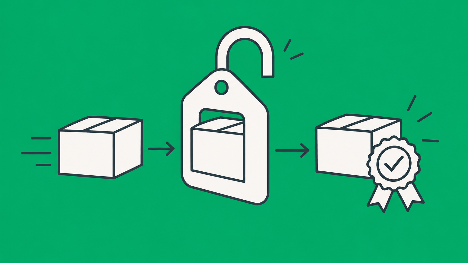 Flat illustration of a product box passing through a licensing-tag lock to represent permission to sell licensed products.